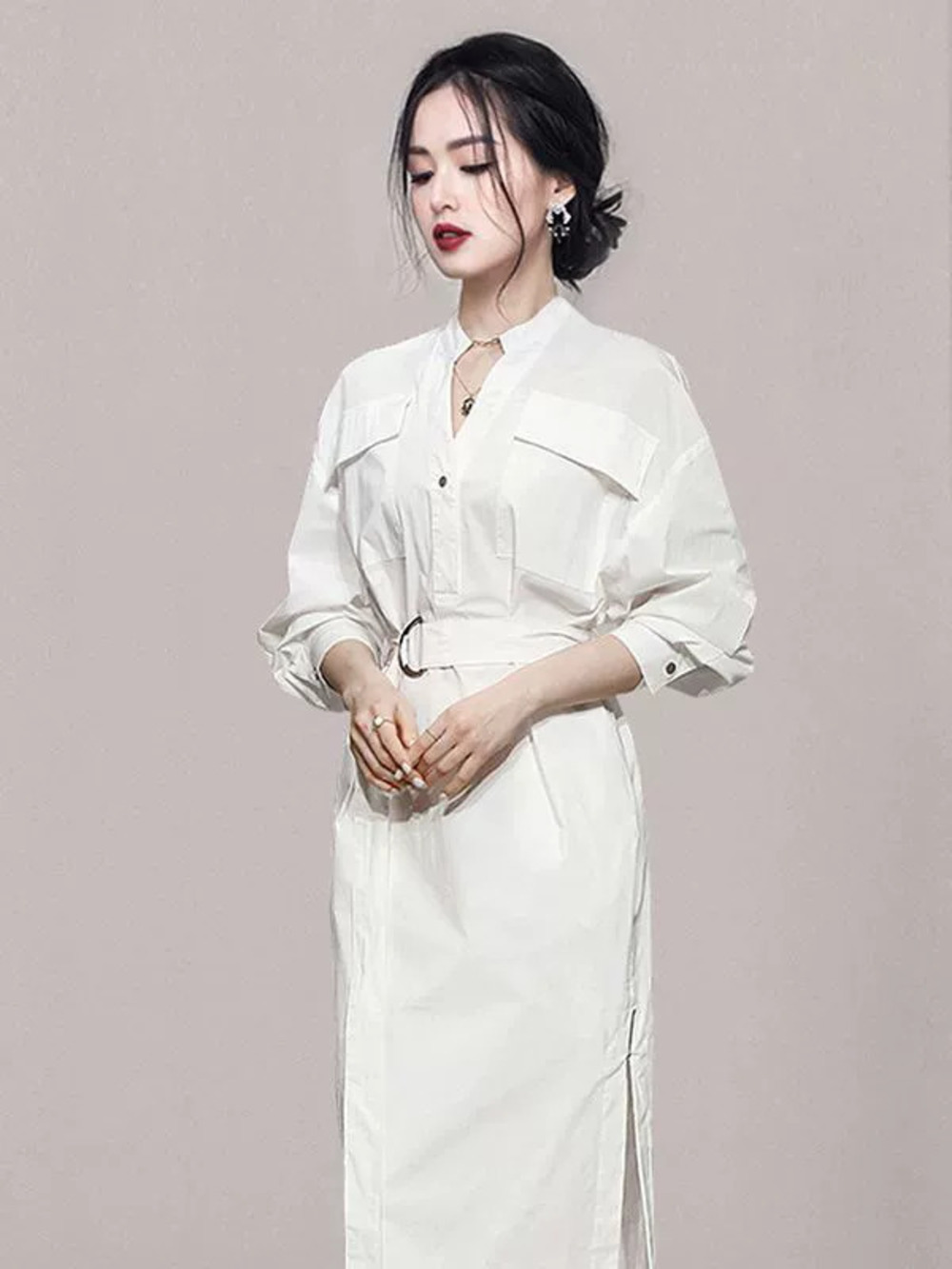 Korean Style Elegant Plus Size White Midi Shirt Dress Slimming with Waist Cinch
